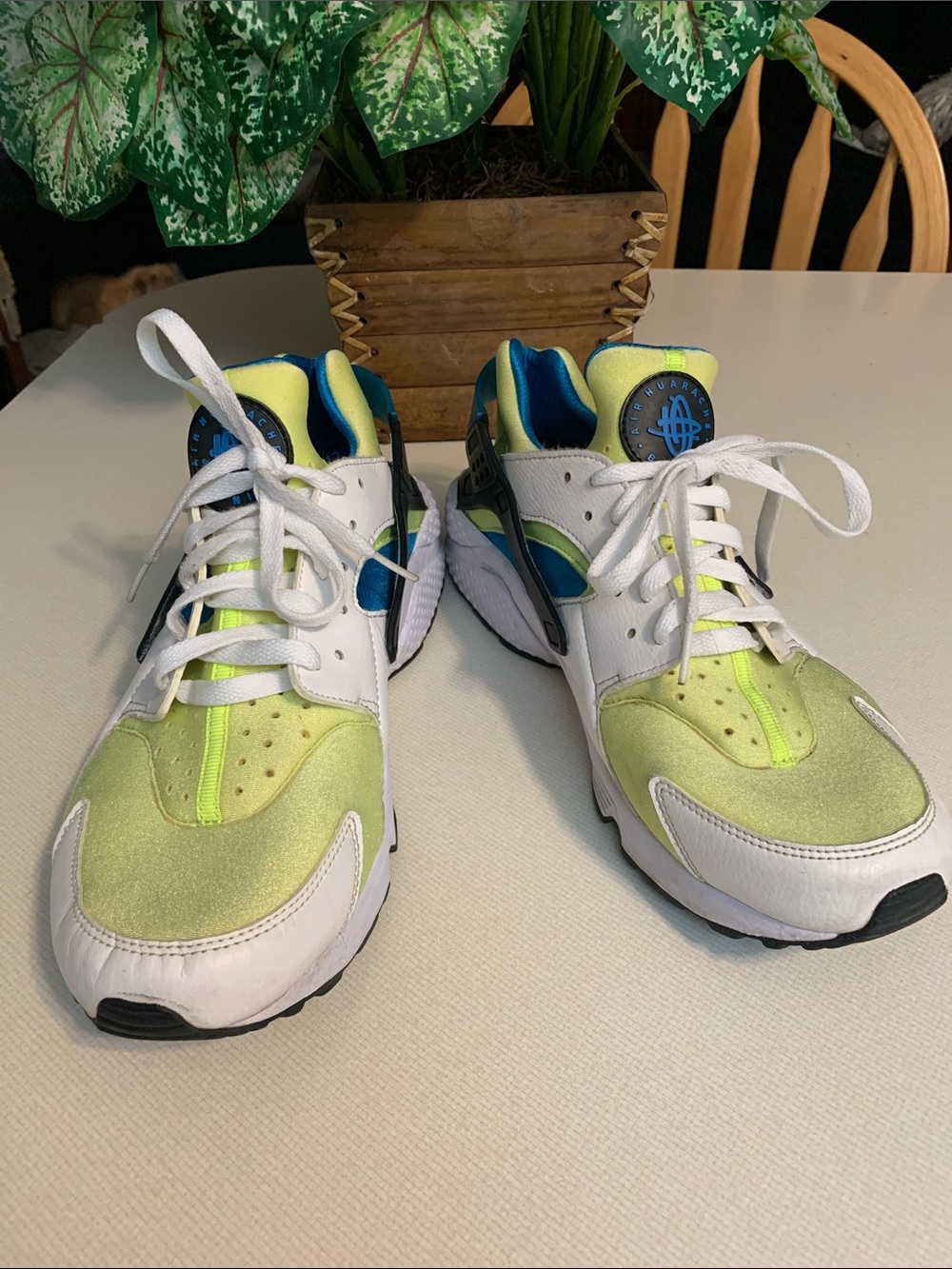 Nike  Air Haurache Neon Green, White & Blue Athletic Sneakers